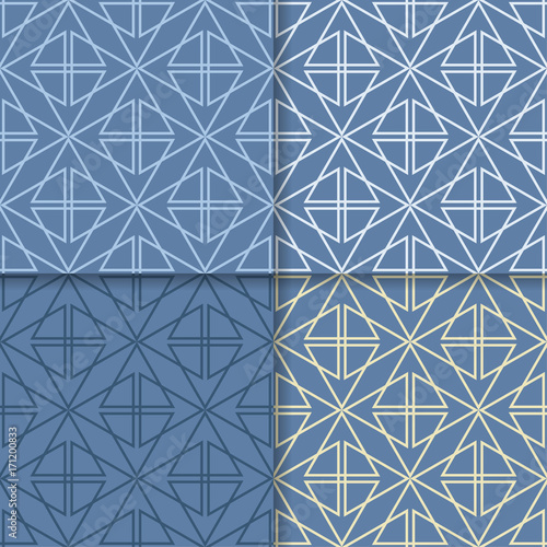 Geometric set of blue seamless patterns for design
