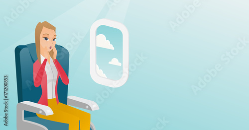 Young caucasian woman shocked by plane flight in turbulent area. Frightened airplane passenger sitting in airplane seat and suffering from aerophobia. Vector cartoon illustration. Horizontal layout.