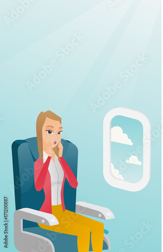 Young caucasian woman shocked by plane flight in the turbulent area. Frightened airplane passenger sitting in airplane seat and suffering from aerophobia. Vector cartoon illustration. Vertical layout.