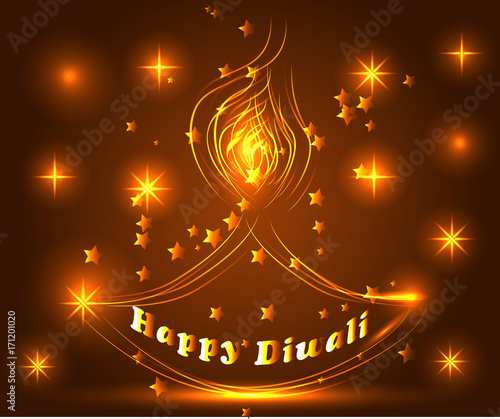 Happy Diwali. Light background. Lamp, oil lamp with a burning fire on a warm brown background