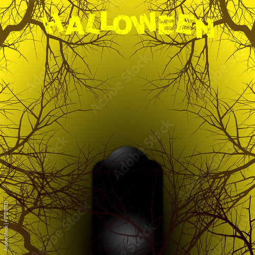 Halloween yellow and black background with text and tombstone