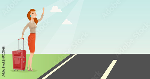 Caucasian woman with suitcase hitchhiking on the roadside. Hitchhiking woman trying to stop a car on a highway. Woman catching a taxi car by waving hand. Vector cartoon illustration. Horizontal layout