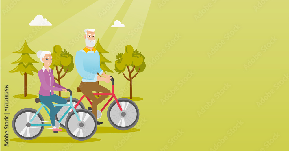 Retired caucasian couple riding bikes in the park. Senior man and woman riding bicycles in the park. Active senior couple enjoying walk with bicycles. Vector cartoon illustration. Horizontal layout. Retired caucasian couple riding bikes in the park. Senior man and woman riding bicycles in the park. Active senior couple enjoying walk with bicycles. Vector cartoon illustration. Horizontal layout.