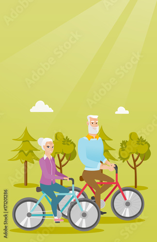 Retired caucasian couple riding bikes in the park. Senior man and woman riding bicycles in the park. Active senior couple enjoying walk with bicycles. Vector cartoon illustration. Vertical layout.