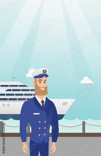 Caucasian ship captain standing on the background of sea and cruise ship. Young smiling ship captain in uniform standing on the seacoast background. Vector cartoon illustration. Vertical layout.