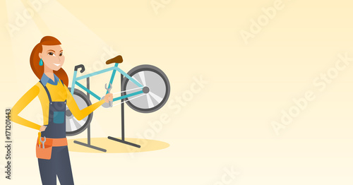 Caucasian bicycle mechanic showing spanner on the background of broken bicycle. Technician fixing bicycle in repair shop. Mechanic repairing bicycle. Vector cartoon illustration. Horizontal layout.