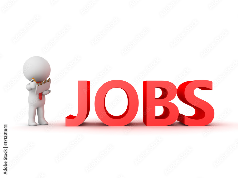 3D Character holding a notepad standing next to a JOB sign 3D Character holding a notepad standing next to a JOB sign