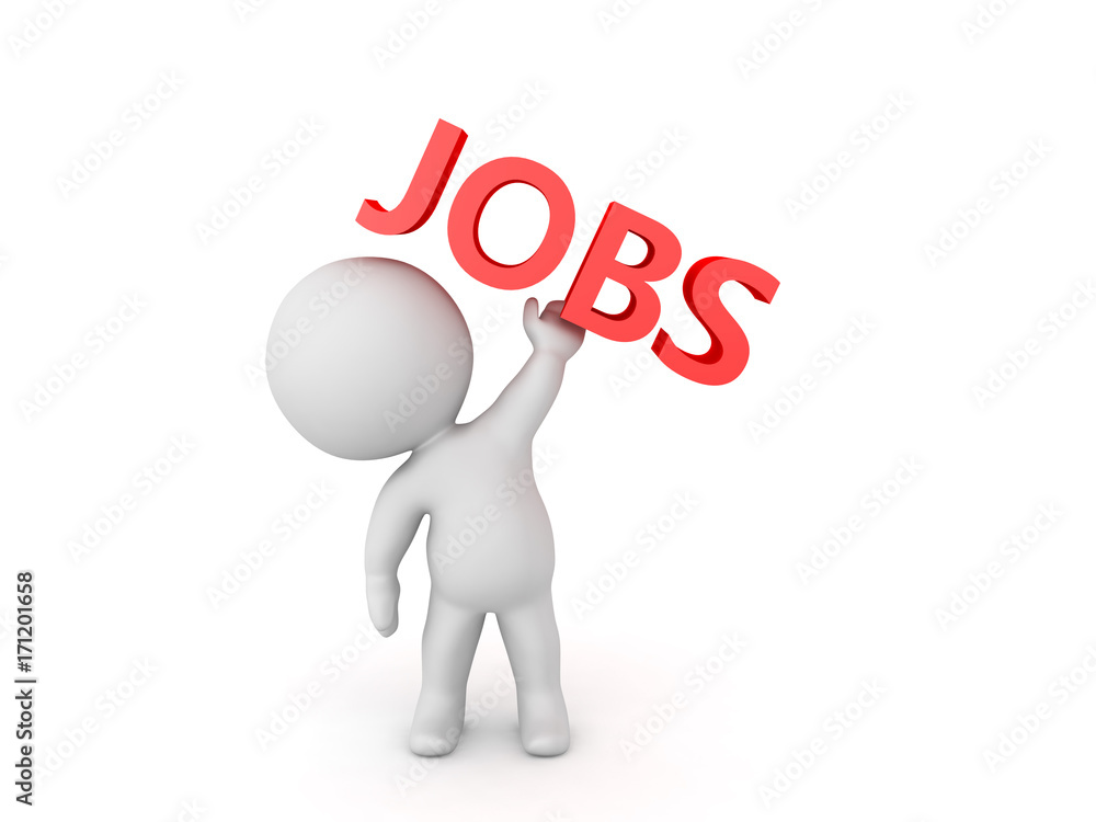 3D Character holding up a sign saying JOBS 3D Character holding up a sign saying JOBS