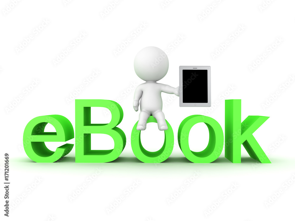 3D Character holding a tablet and sitting on a eBook Text 3D Character holding a tablet and sitting on a eBook Text