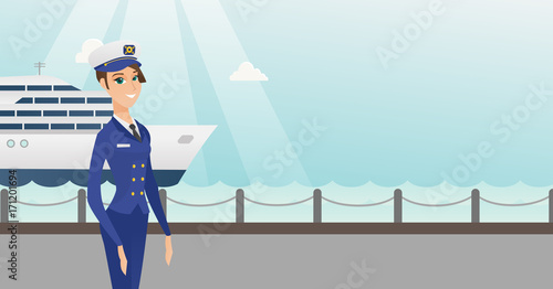 Caucasian female ship captain standing on the background of sea and cruise ship. Young ship captain in uniform standing on the seacoast background. Vector cartoon illustration. Horizontal layout.