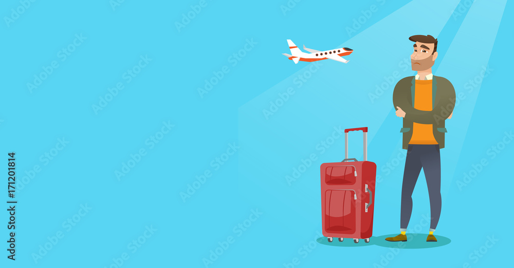 Young caucasian airplane passenger frightened by future flight. Man suffering from fear of flying. Terrified passenger with suitcase waiting for flight. Vector cartoon illustration. Horizontal layout. Young caucasian airplane passenger frightened by future flight. Man suffering from fear of flying. Terrified passenger with suitcase waiting for flight. Vector cartoon illustration. Horizontal layout.