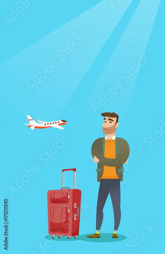 Young caucasian airplane passenger frightened by future flight. Man suffering from fear of flying. Terrified passenger with suitcase waiting for a flight. Vector cartoon illustration. Vertical layout.