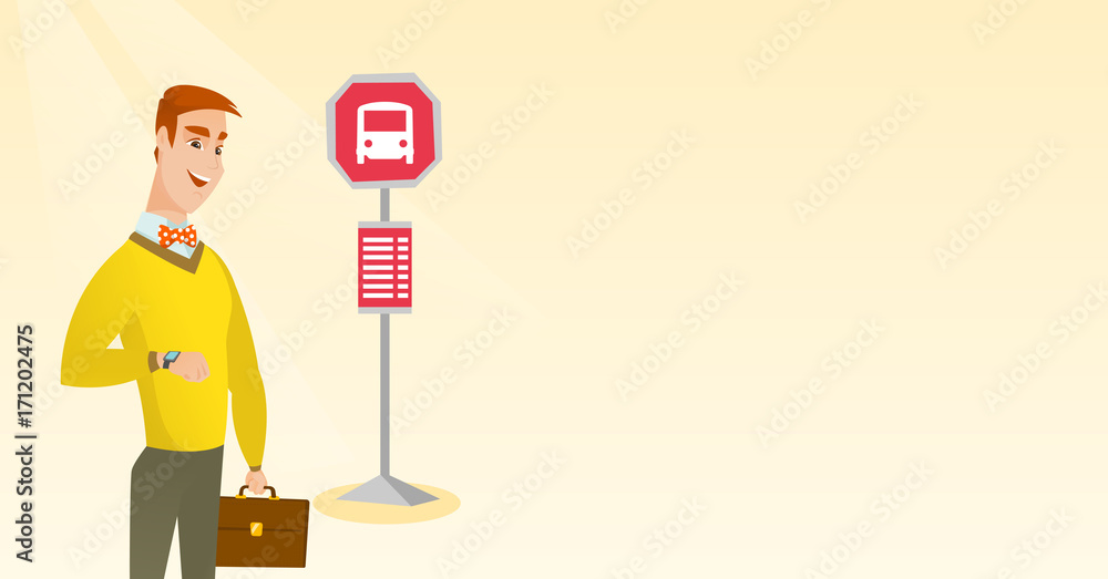 Caucasian businessman waiting for a bus at the bus stop. Young cheerful businessman standing at the bus stop. Man looking at his watch at the bus stop. Vector cartoon illustration. Horizontal layout.