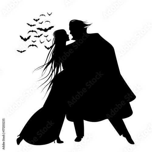 Silhouette of romantic and victorian couple dancing. Cloud of bats on the background. Isolated.