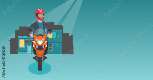 Young caucasian man in helmet riding a motorcycle on the background of night city. Hipster motorcyclist driving a motorbike on a city road at night. Vector cartoon illustration. Horizontal layout.