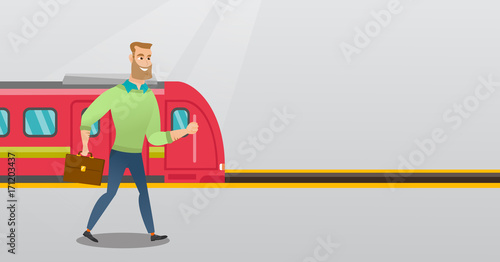 Young caucasian businessman walking on railway station platform on the background of train. Hipster businessman with briefcase going out of the train. Vector cartoon illustration. Horizontal layout.