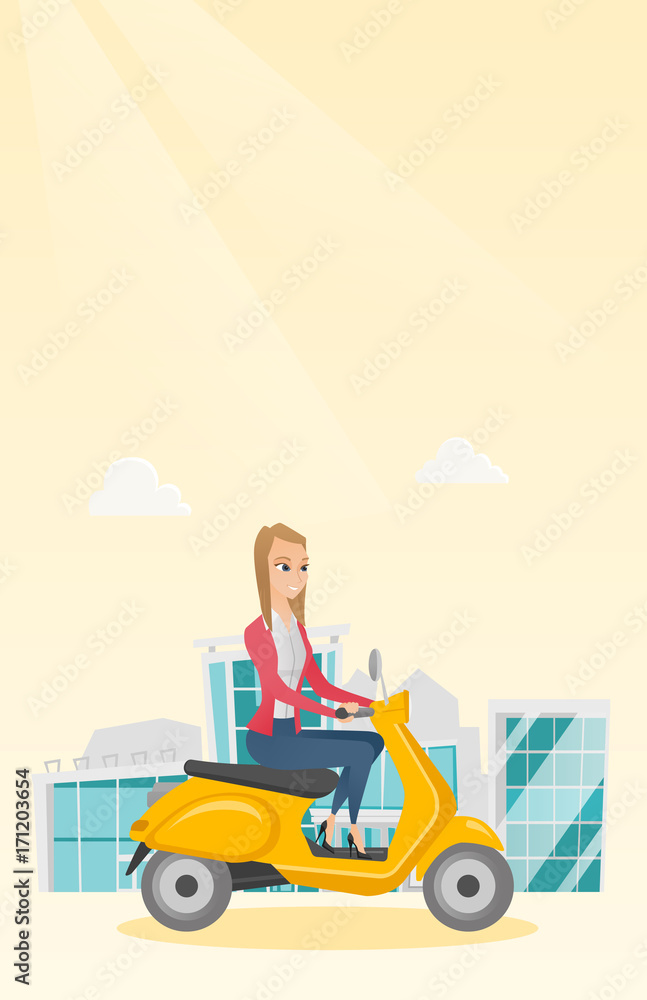 Young caucasian woman riding a scooter outdoor. Smiling business woman traveling on a scooter in the city. Happy woman enjoying her trip on a scooter. Vector cartoon illustration. Vertical layout. Young caucasian woman riding a scooter outdoor. Smiling business woman traveling on a scooter in the city. Happy woman enjoying her trip on a scooter. Vector cartoon illustration. Vertical layout.