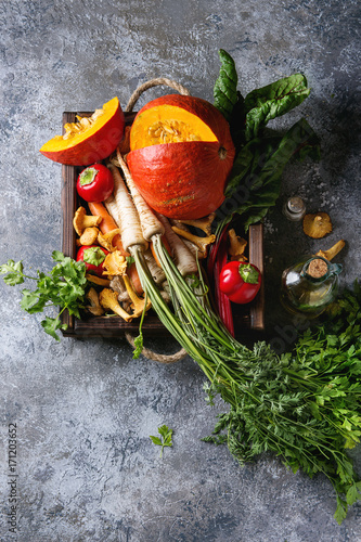 Variety of autumn harvest vegetables carrot, parsnip, chard, paprika, hokkaido pumpkin, porcini and chanterelles mushrooms in wooden tray over gray texture background. Top view with space