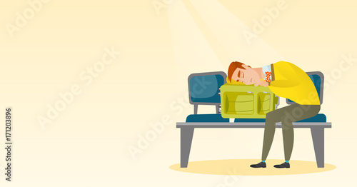 Tired caucasian passenger sleeping on suitcase at the airport. Young exhausted man waiting for a flight and sleeping on a suitcase at the airport. Vector cartoon illustration. Horizontal layout.