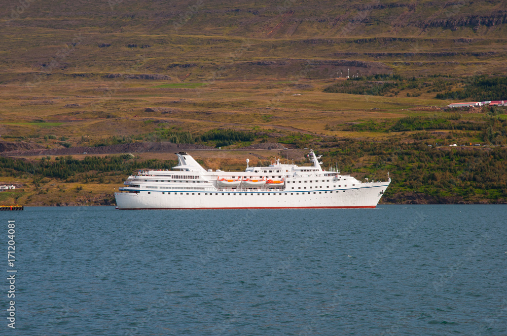 Cruise ship arriving to Akureyri port in Iceland