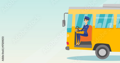 Young caucasian bus driver sitting at steering wheel. Female bus driver driving a passenger bus. Smiling bus driver sitting in the driver cab. Vector cartoon illustration. Horizontal layout.