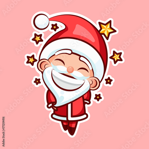 Sticker emoji emoticon, emotion walk, hang out, star, date vector illustration happy character sweet, cute Santa Claus, Father Frost pink background for Happy New Year and Merry Christmas