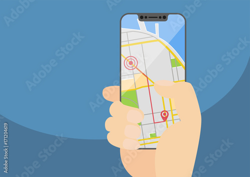 Mobile GPS navigation and routing concept with hand holding modern bezel-free smartphone. Vector illustration with frameless touchscreen displaying a city map app.
