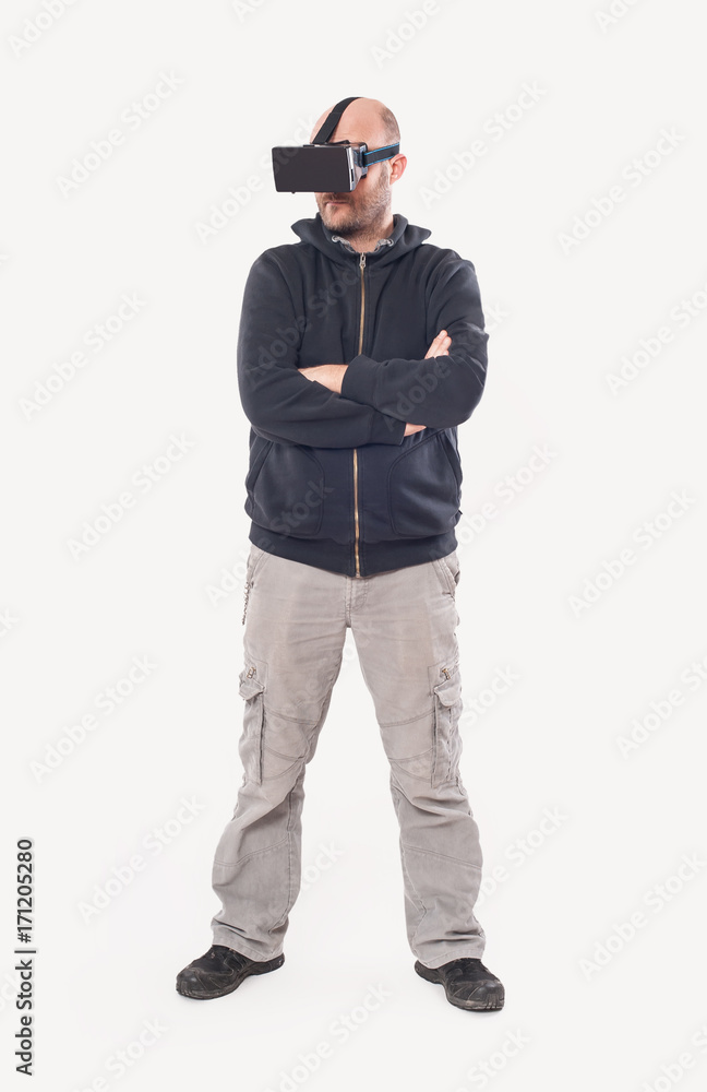 Man play VR shooter game with virtual reality glasses Man play VR shooter game with virtual reality glasses