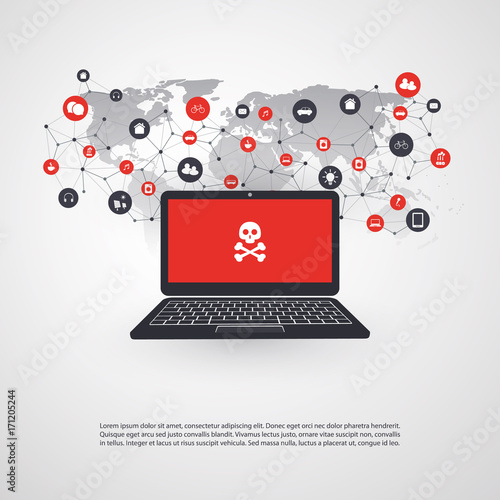 Network Vulnerability - Virus, Malware, Ransomware, Fraud, Spam, Phishing, Email Scam, Hacker Attack - IT Security Concept Design, Vector illustration