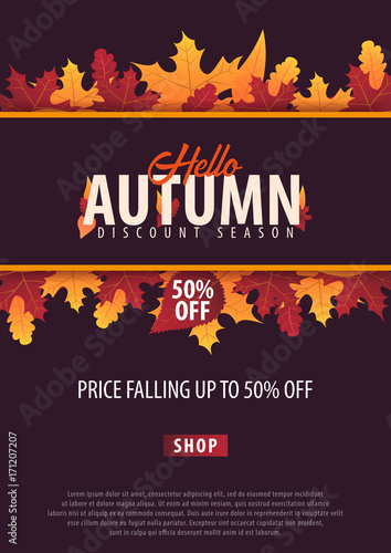 Autumn Background with leaves for shopping sale or promo poster and frame leaflet or web banner. Vector illustration template.