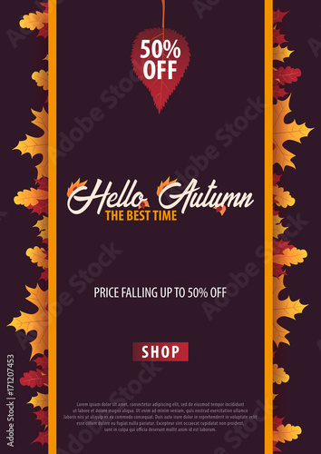 Autumn Background with leaves for shopping sale or promo poster and frame leaflet or web banner. Vector illustration template.