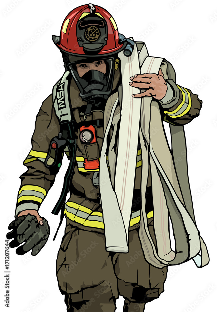 Obraz premium Firefighter With Fire Hose Over Shoulder - Colored Illustration, Vector
