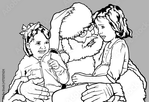Santa Claus Holding Two little Girls on His Knees - Christmas Black and White Illustration, Vector