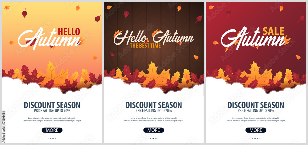 Naklejka premium Autumn Background with leaves for shopping sale or promo poster and frame leaflet or web banner. Vector illustration template.