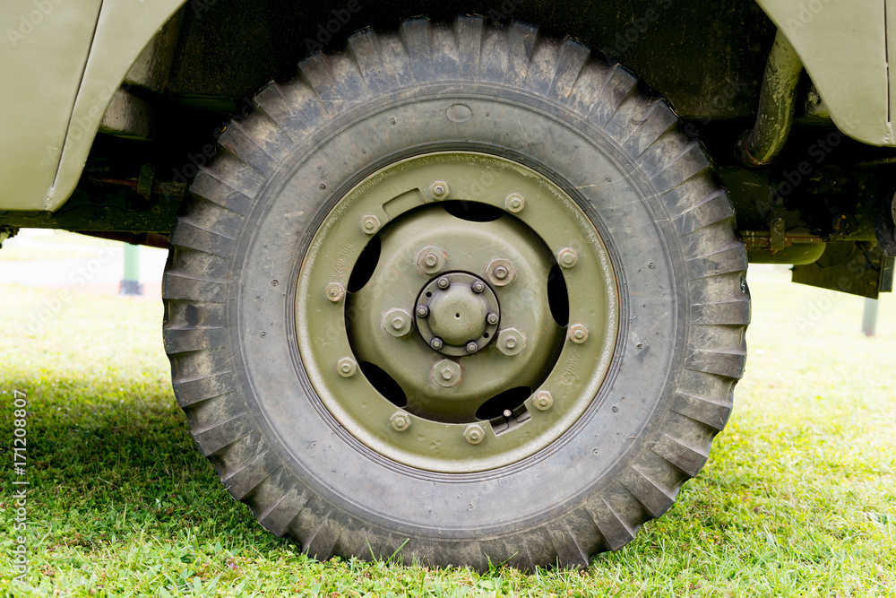 close up of military vehicle wheel