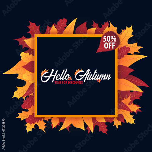 Autumn Background with leaves for shopping sale or promo poster and frame leaflet or web banner. Vector illustration template.