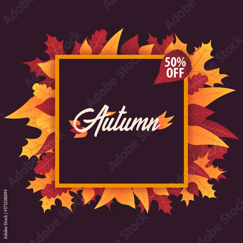 Autumn Background with leaves for shopping sale or promo poster and frame leaflet or web banner. Vector illustration template.
