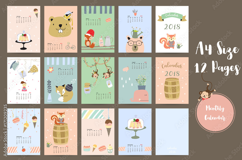 Colorful cute monthly calendar 2018 with whale,tree,monkey,cake,fox,girl and squirrel.Can be used for web,banner,poster,label and printable