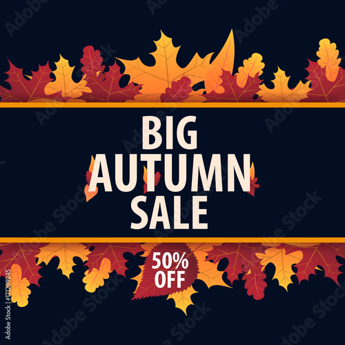 Autumn Background with leaves for shopping sale or promo poster and frame leaflet or web banner. Vector illustration template.