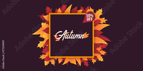 Autumn Background with leaves for shopping sale or promo poster and frame leaflet or web banner. Vector illustration template.