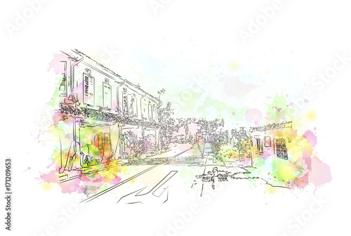 Photography Watercolor sketch of Singapore street in vector illustration.