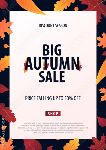 Autumn Background with leaves for shopping sale or promo poster and frame leaflet or web banner. Vector illustration template.