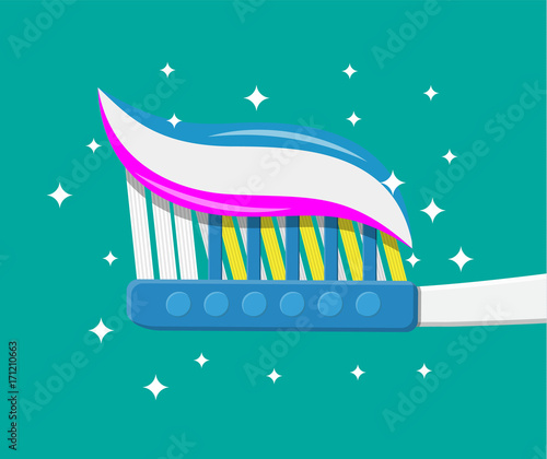 Toothbrush, toothpaste. Flat style