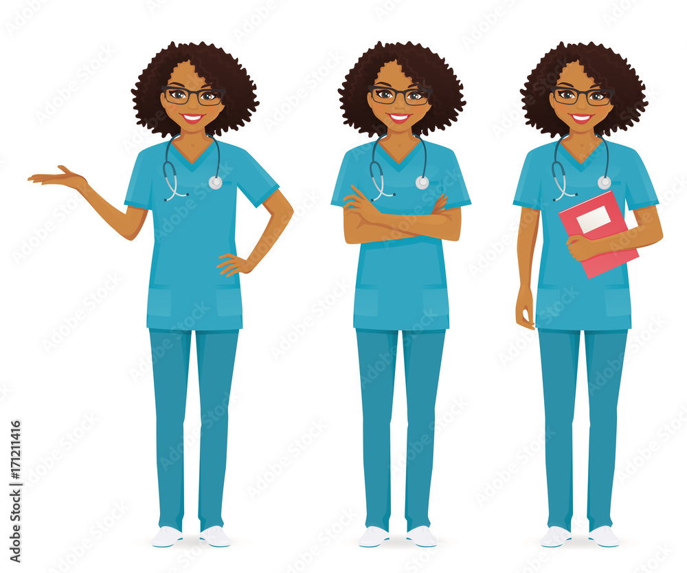 Fototapeta premium Nurse set black in different poses set vector illustration