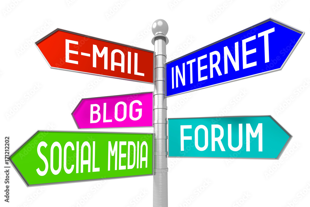 Signpost with 5 arrows - E-mails, Internet, Blog, Forum, Social Media.