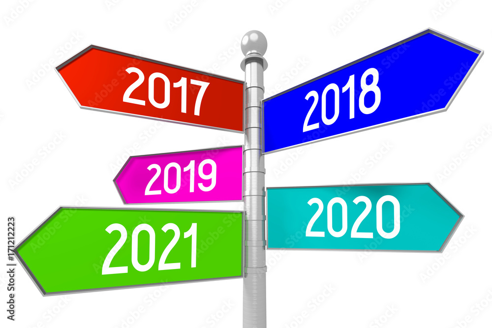 Signpost with 5 arrows - new year concept - 2017, 2018, 2019, 2020, 2021. Signpost with 5 arrows - new year concept - 2017, 2018, 2019, 2020, 2021.