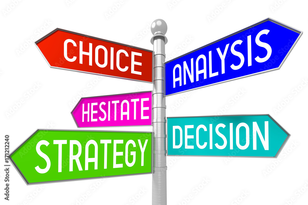3D signpost - strategy concept - choice, analysis, hesitate, decision, strategy. 3D signpost - strategy concept - choice, analysis, hesitate, decision, strategy.