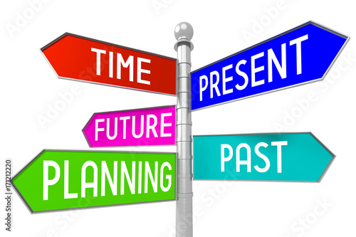 Signpost with 5 arrows - time concept - time, present, future, planning, past.