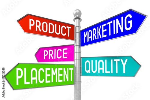 3D signpost - business concept - product, marketing, price, quality, placement.