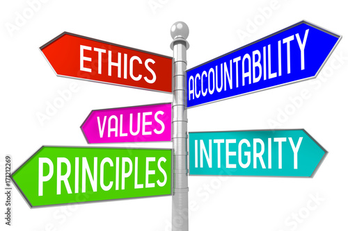 3D signpost - business ethics concept - ethics, accountability, values, integrity, principles.